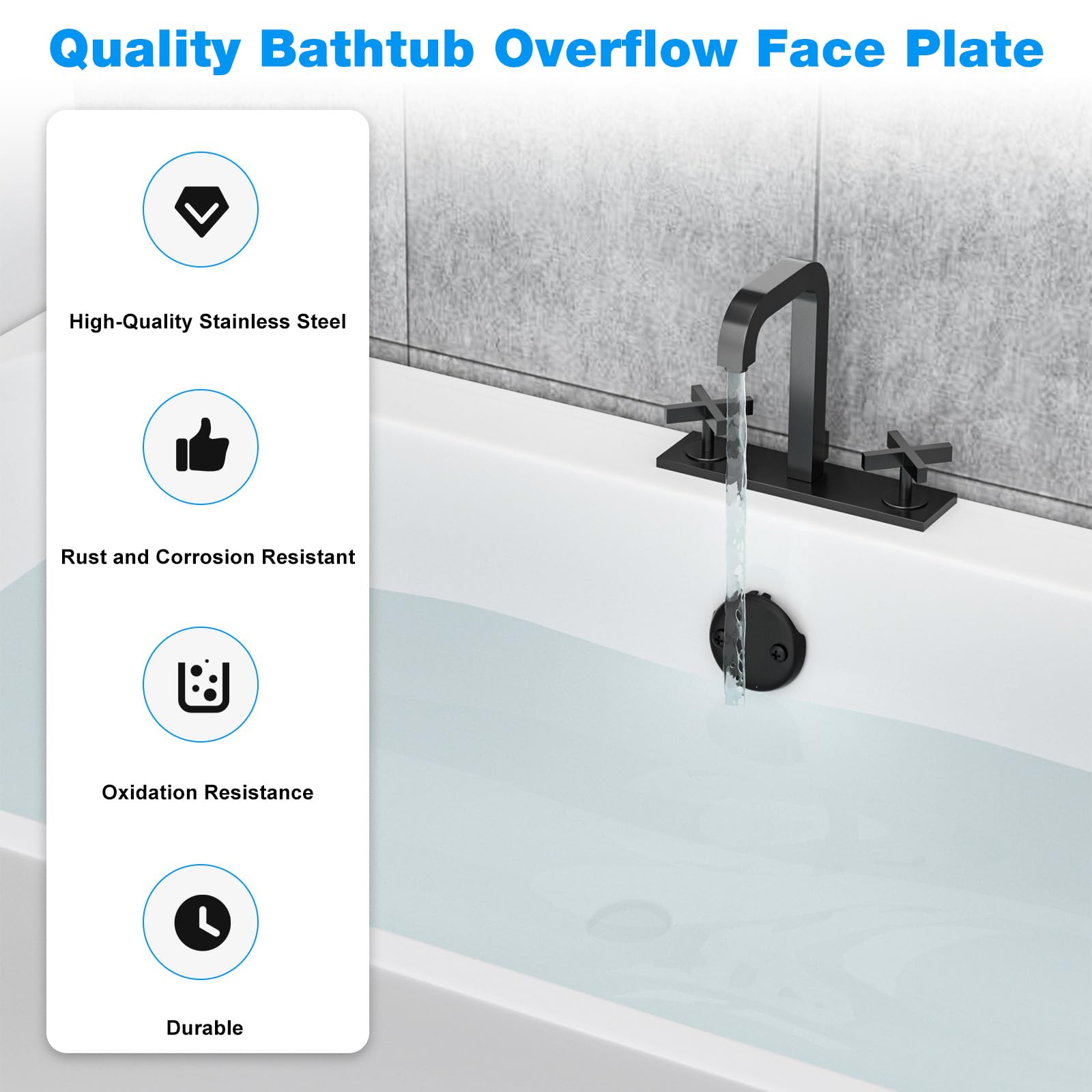 Tub Drain Overflow Cover Black- 3-1/8" Two Hole Bathtub Drain Overflow Cover with Screw Fits Most Standard Bath Tub Drains