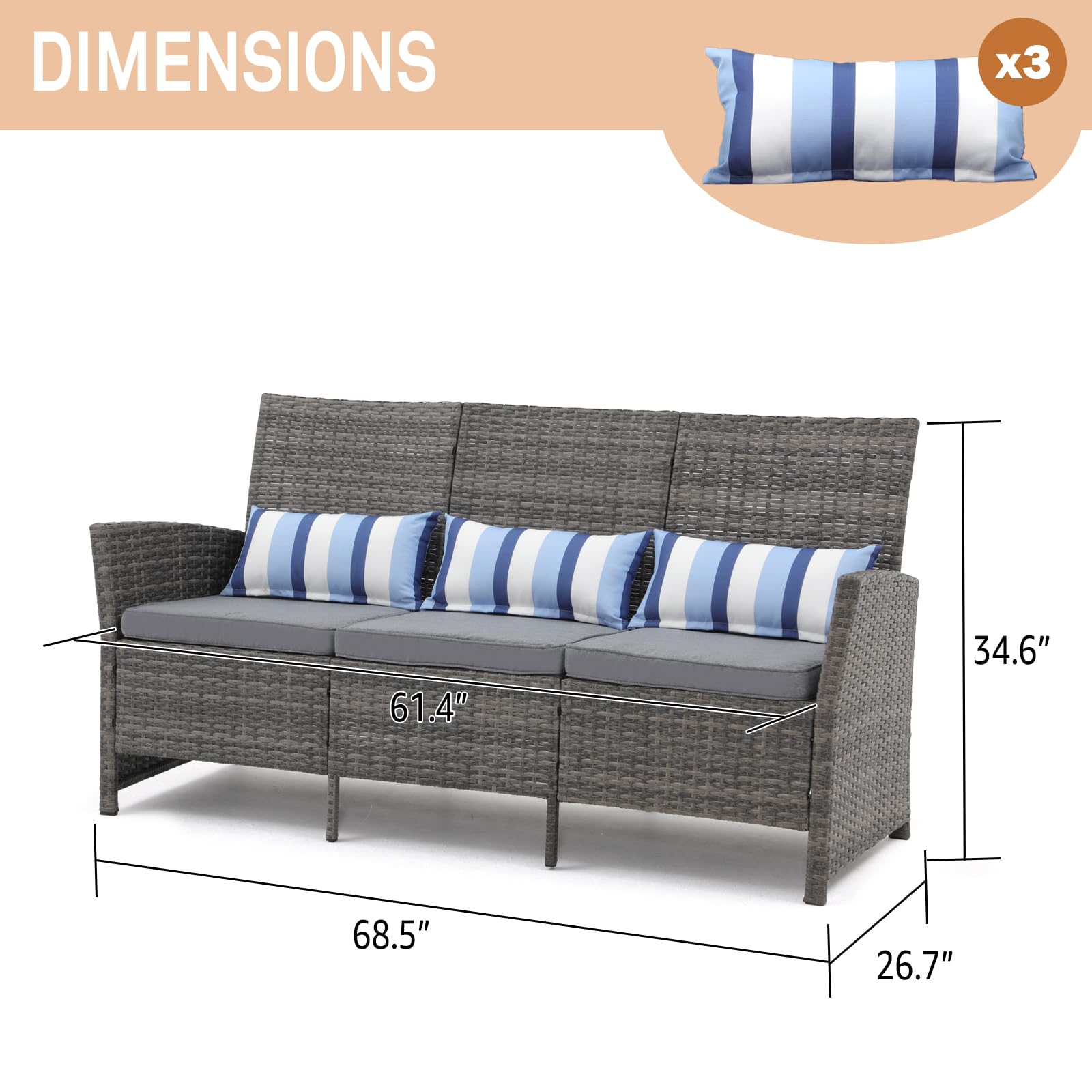 SUNSITT Outdoor Furniture 3 Seats Patio Couch, Outdoor Wicker Sofa, Grey PE Wicker with Grey Cushions & Lumbar Pillows, Porch, Backyard, Pool, Steel Frame