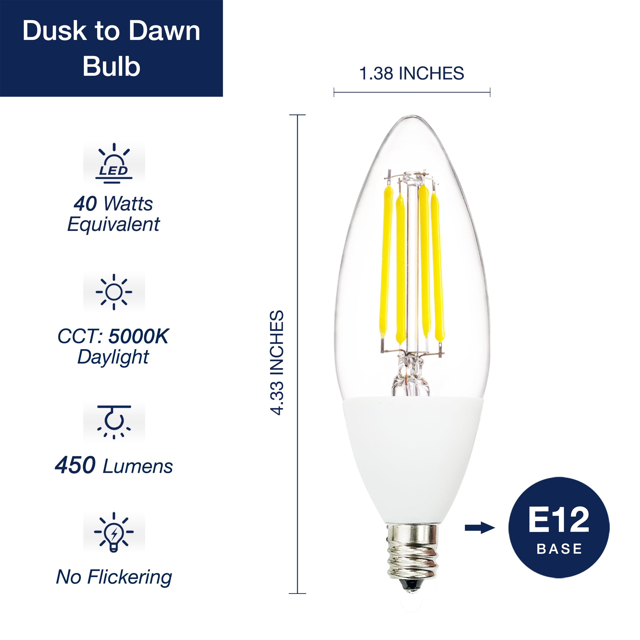 FLSNT Dusk to Dawn Outdoor Sensor LED Edison Bulbs, 4W (40W Eqv.), 450LM, B11 LED Candelabra Bulb E12 Base, Auto On/Off Photocell for Energy-Efficient, 5000K Daylight White, 4 Pack