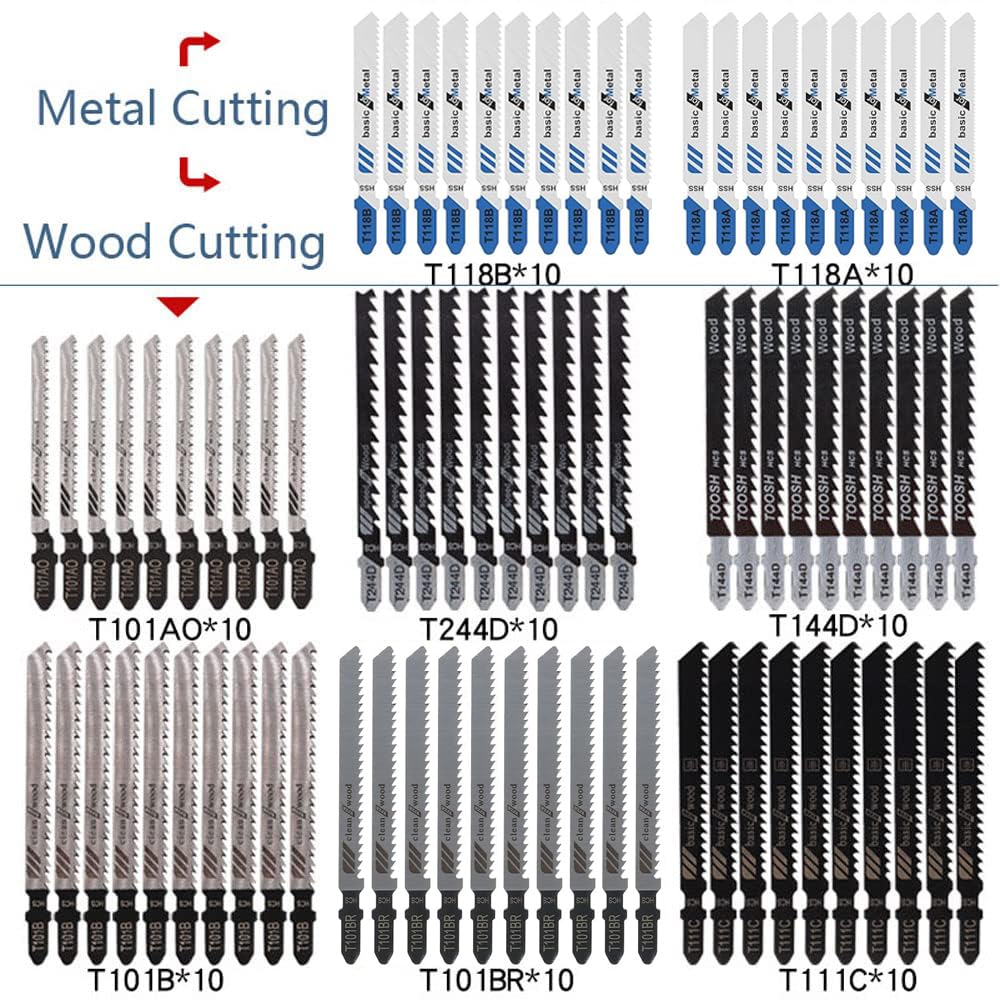 Jigsaw Blades Set, 80 Piece T Shank Jig Saw Blades Set for Wood Plastic Metal Cutting Fit for HCS/HSS Replacement Jig Saw Blade