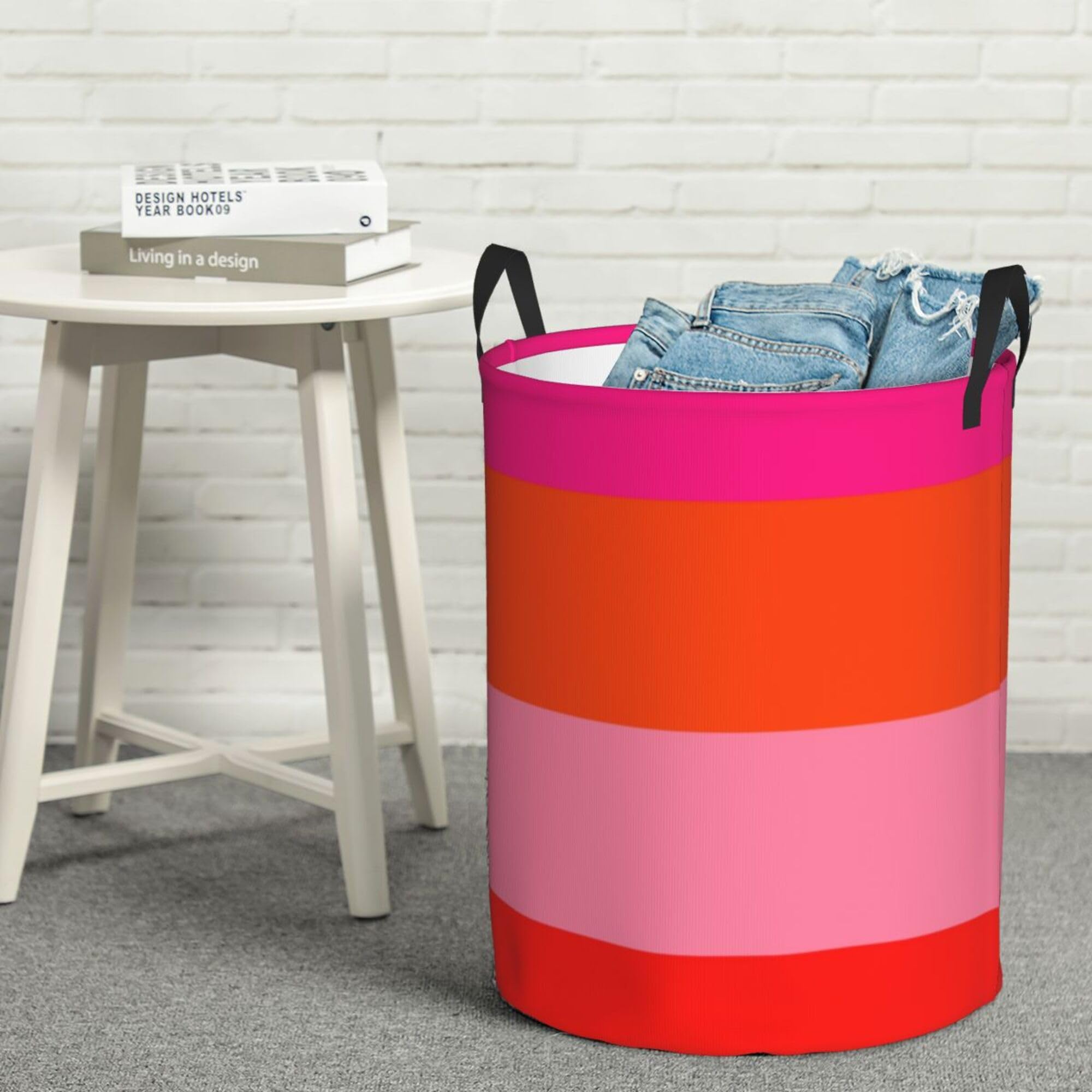 Large Laundry Basket, Dirty Clothes Hamper Toys Storage Bag Hot Pink and Bright Orange Stripes Waterproof Foldable Washing Bin for College Dorms 15.7" x 19.6"