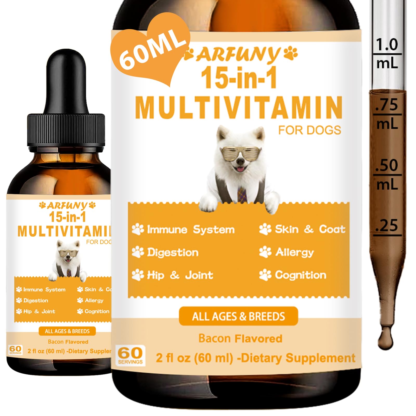 15 in 1 Multivitamin for Dogs | 60ML Dog Multivitamin Liquid Support Joint, Gut & Immune Health | Dog Liquid Vitamins for Digestion, Heart, Skin & Coat | Vitamin Supplements for Dogs | Bacon Flavor