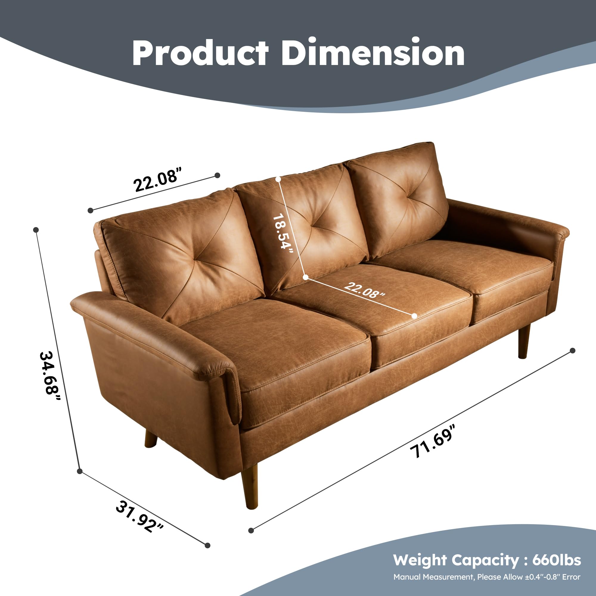 XIZZI 71" Mid-Century Modern Sofa Couch,Faux Leather 3 Seater Sofa w/Key Armrest and Comfortable Cushions,Comfy Deep Seats Sofa Small Couch for Living Room Office Apartment Small Space (Brown)