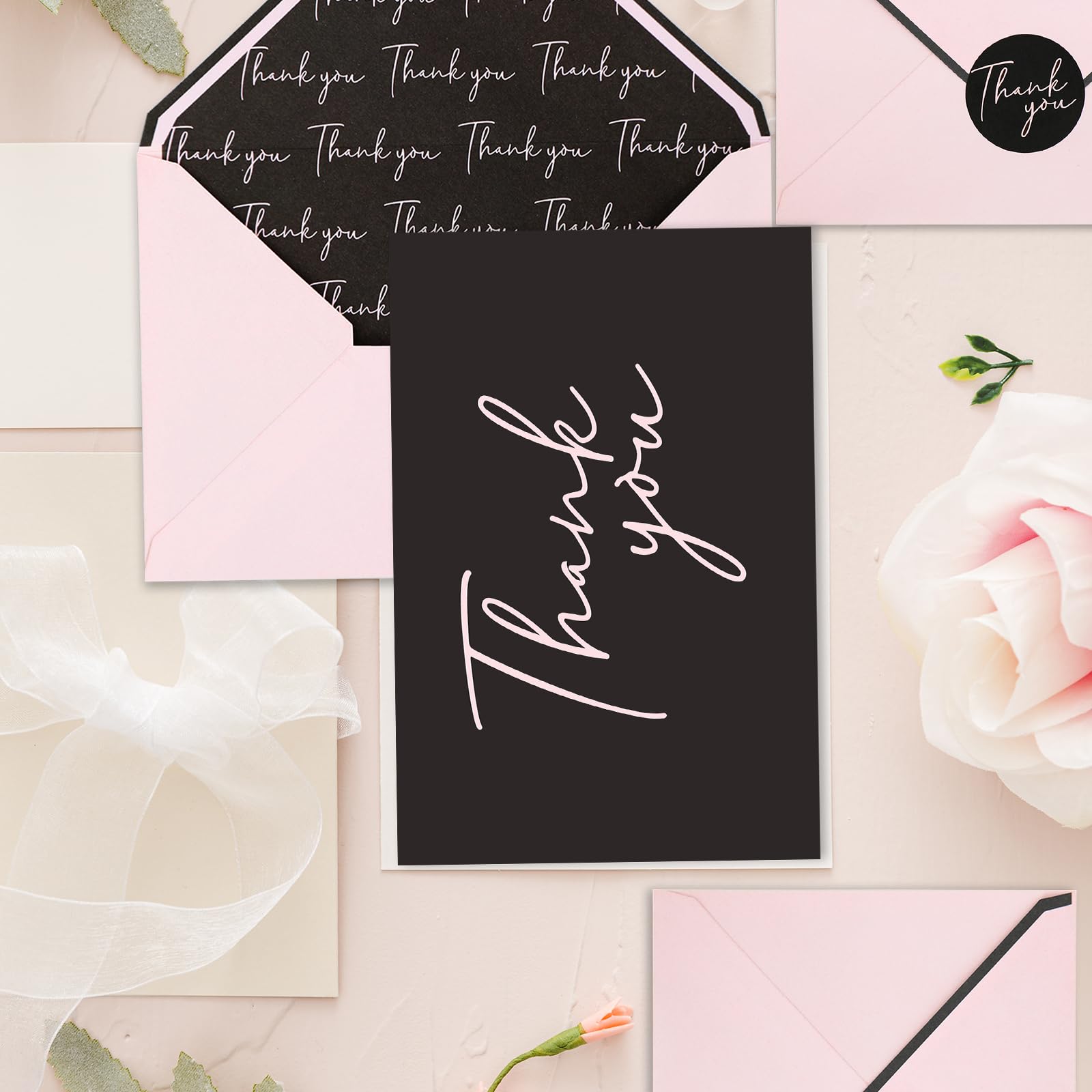 Whaline 36Pcs Thank You Cards with Envelopes and Stickers Pink Black Greeting Cards Blank Note Cards for Weddings Bridal Shower Baby Shower