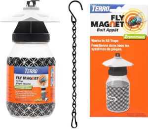 terro fly magnet, reusable fly trap - includes one fly bait packet and heavy duty 9.5 plexon supply hanging chain and magnet replacement bait, orange.black