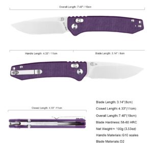 EMHTiii Pocket Folding EDC Knife: 3.14" D2 Steel Satin Sharp Blade, G10 Scales, Crossbar Axis Lock, Reversible Clip, Great Gifts for Men Women Camping Hiking Outdoor, Purple