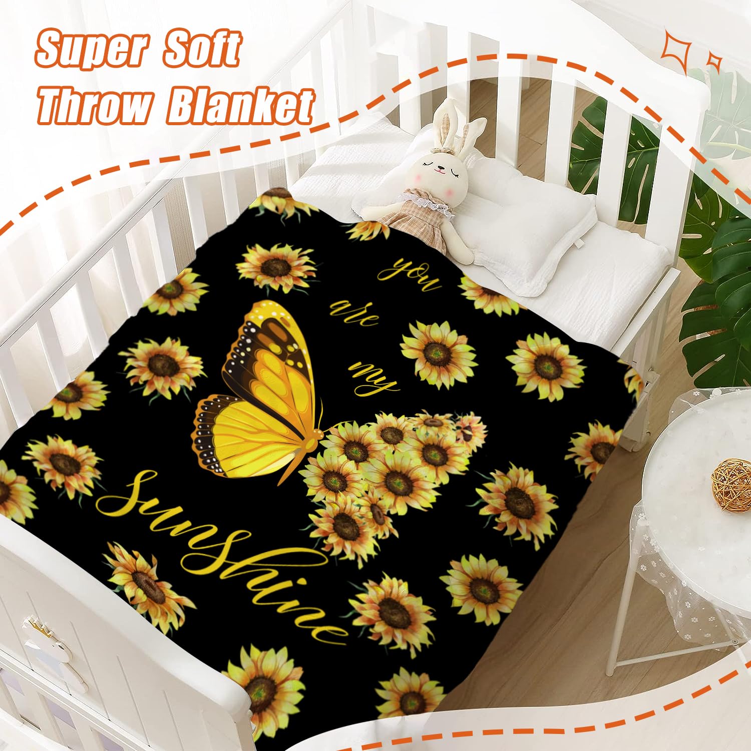 YeeJu Sunflower Kids Throw Blanket Small Yellow Floral Butterfly Blanket Gift for Girls Boys Child Baby Soft Fuzzy Fleece Blankets Black Spring Summer Flower Decorative Print Blanket 40x50