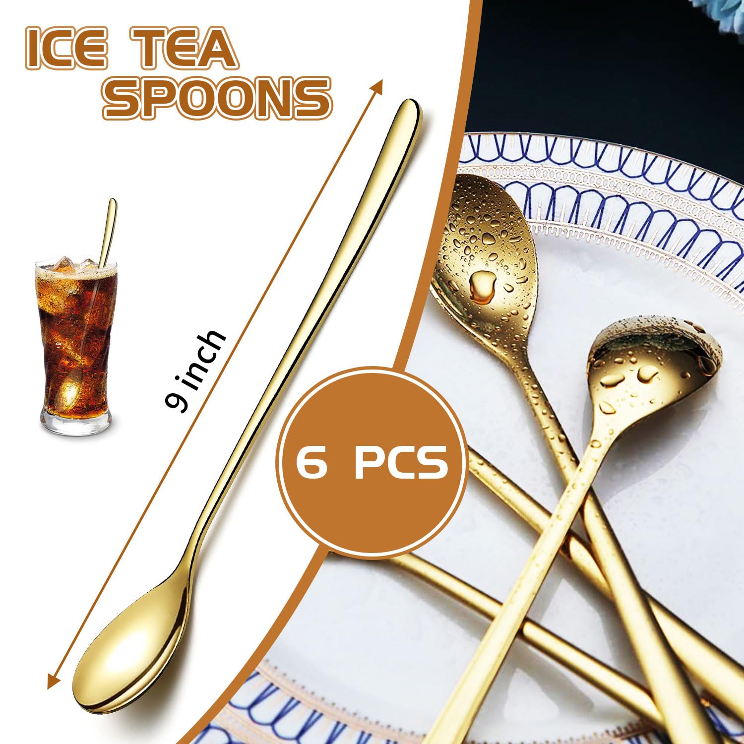 Long Handle Spoon 9.5 Inch Iced Cream Spoons Tea Spoon Coffee Stirrers Ice Spoon Stainless Steel Cocktail Stirring Spoons Dessert Milkshake Teaspoons Set of 6 (Gold)