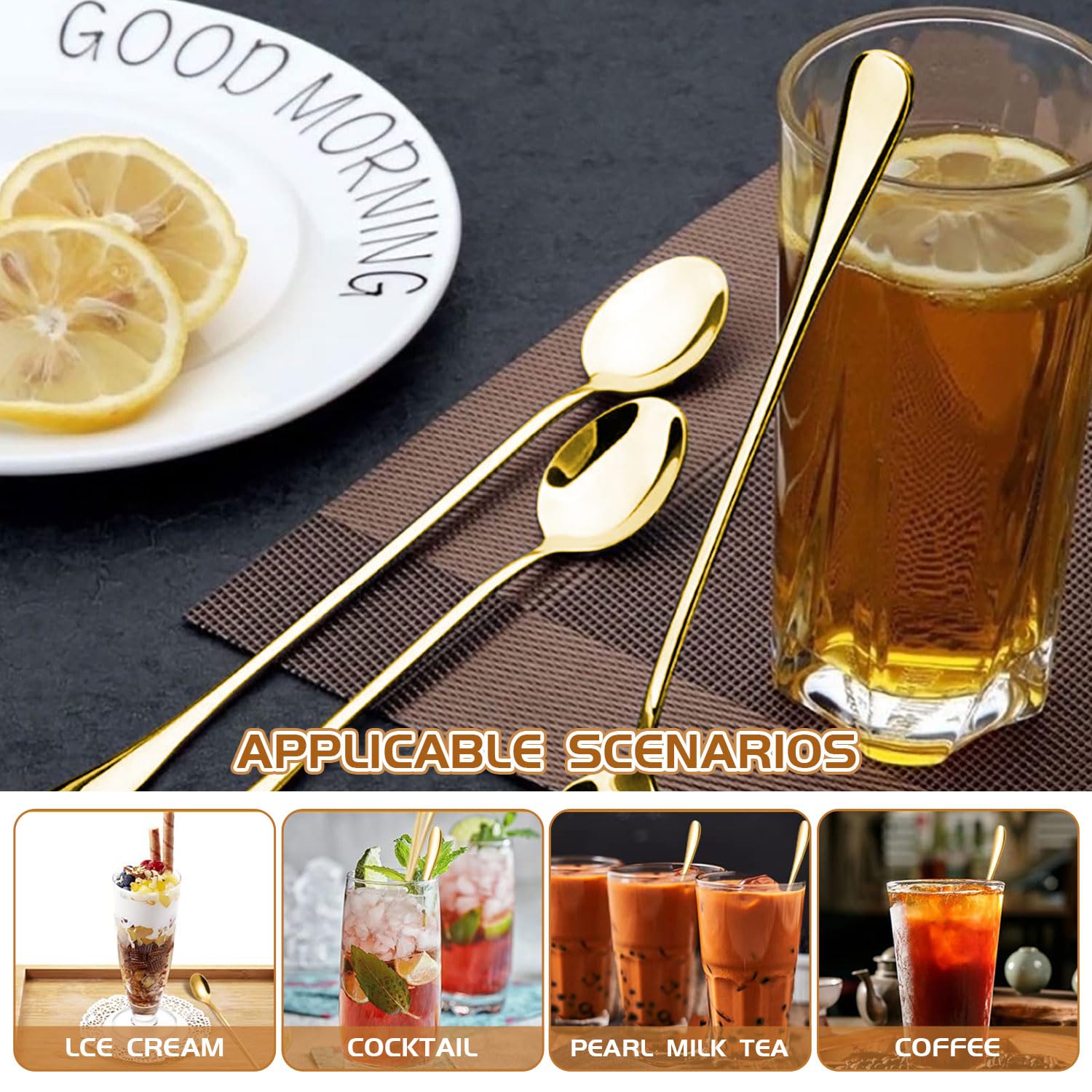 Long Handle Spoon 9.5 Inch Iced Cream Spoons Tea Spoon Coffee Stirrers Ice Spoon Stainless Steel Cocktail Stirring Spoons Dessert Milkshake Teaspoons Set of 6 (Gold)