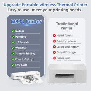 Phomemo M834 Ultra Portable Printer Wireless for Travel, (Upgraded) Bluetooth Thermal Printer 8.5" x 11"&A4, Compatible with iOS,Android & PC,Inkless Mobile Printer for Travel,Office,School,Home