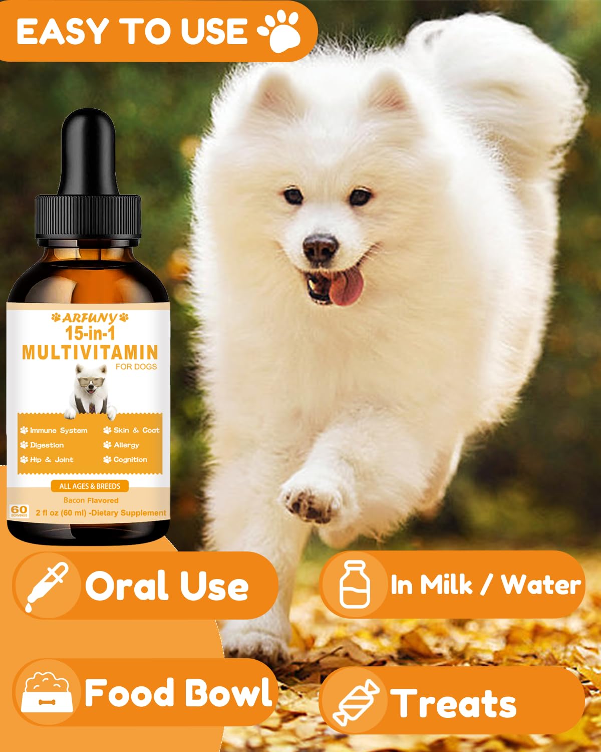 15 in 1 Multivitamin for Dogs | 60ML Dog Multivitamin Liquid Support Joint, Gut & Immune Health | Dog Liquid Vitamins for Digestion, Heart, Skin & Coat | Vitamin Supplements for Dogs | Bacon Flavor