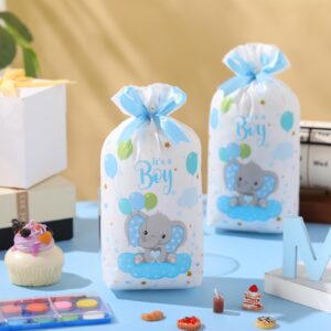 Chiisong 50 Pcs Baby Shower Treat Bags with Bow Plastic Baby Drawstring Candy Goodie Bags Baby Shower Party Favor Gift Bags for Boy Girl Birthday Gender Reveal Party 9 x 6 x 2 Inch(Elephant)