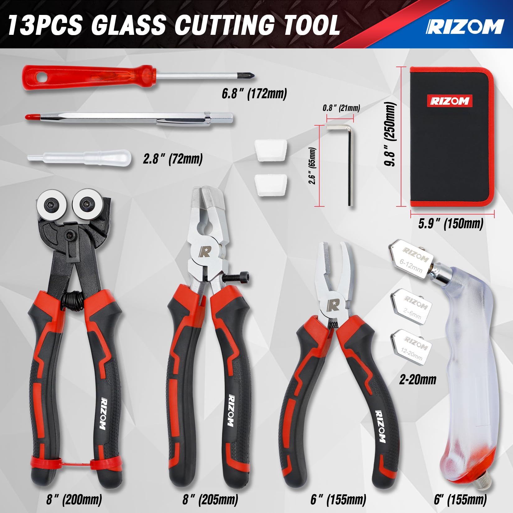 Rizom Glass Cutting Tool, Glass Cutter 2-20MM, 8" Tile Nippers, 8" Glass Running Pliers with Curved Jaws, 6" Breaker Grozer Pliers, Glass Cutter Kit for Stained Glass, Tiles, Mosaic Cutting