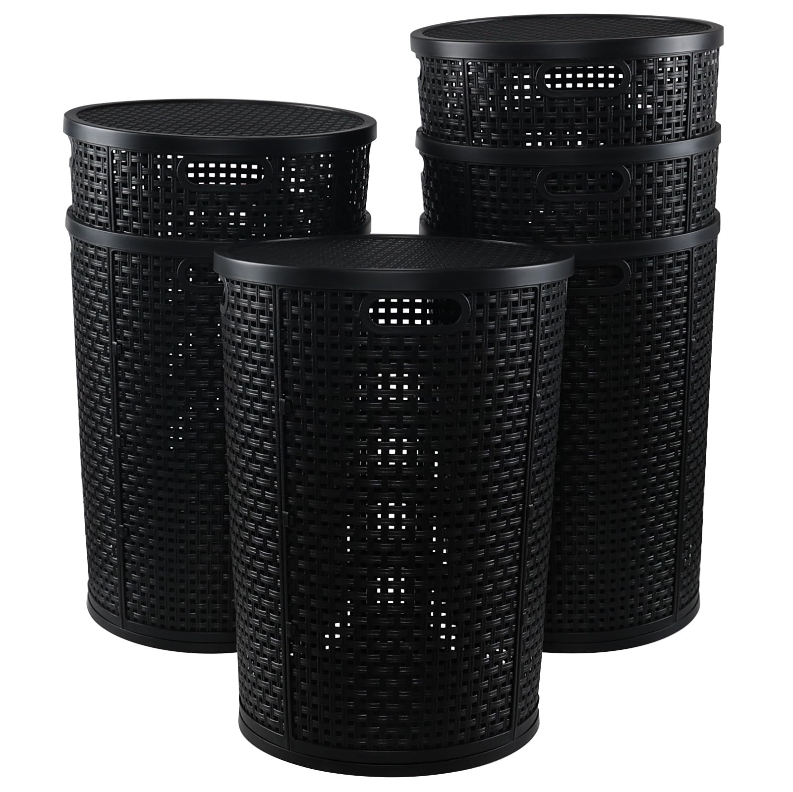 Sosody 50 Liters Black Round Plastic Laundry Hamper with Lid, Large Dirty Clothes Basket, 6 Pack