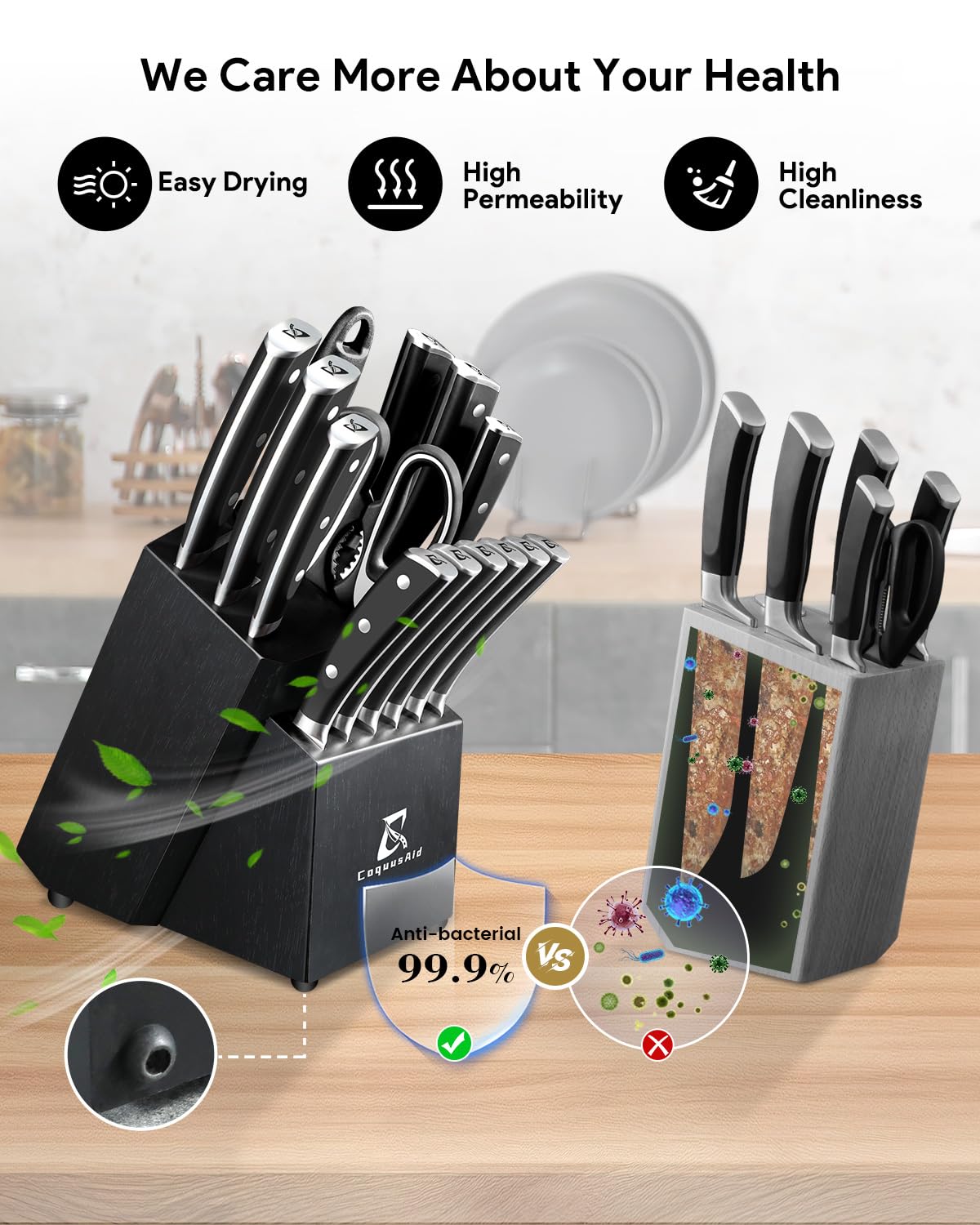 Knife Set, 15 PCS Kitchen Knife Block Sets with Sharpener, 6 Steak Knife Set Serrated with Block, Forged German Stainless Steel Rust Proof Knives, Dishwasher Safe Black, New Beveled Design