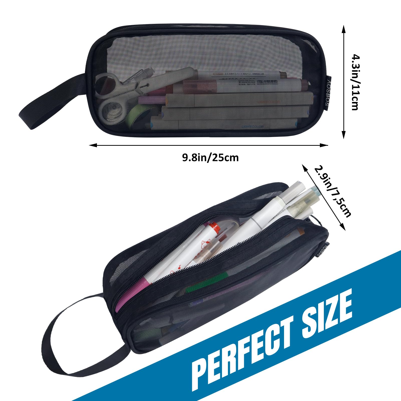 Aosbos Mesh Pencil Case, Clear Pencil Pouch Pencil Bags, Transparent Pen Holder Bag, Multi-Purpose Organizer Box with Portable Strap, Black