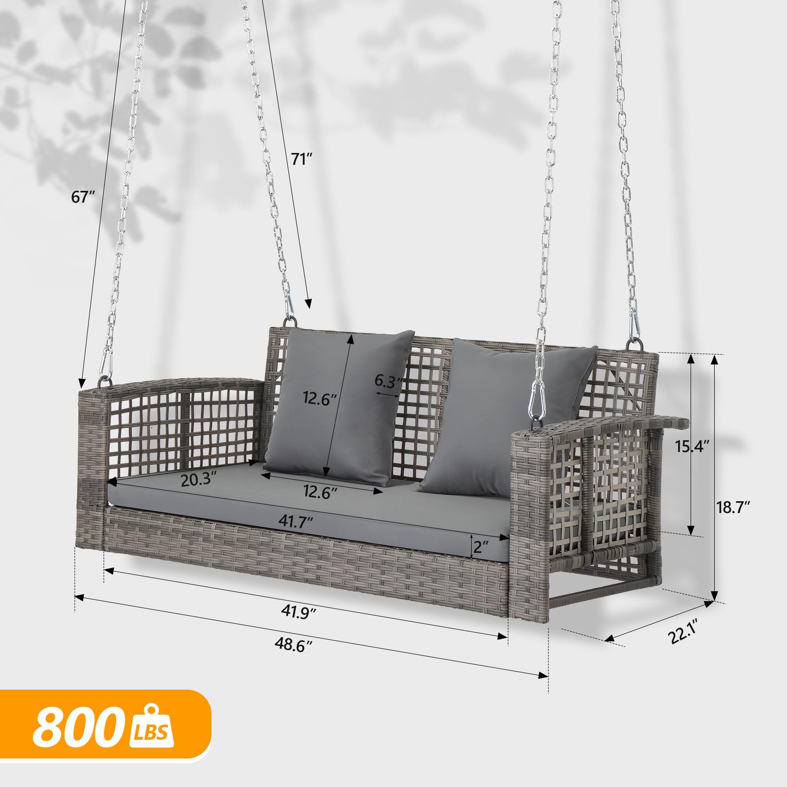 VINGLI 4 FT Rattan Porch Swing Outdoor Support 800 LBS with Cushions & Adjustable Chains, Patio Wicker Swing Bench Chair for Garden, Yard, Lawn, Tree, Grey