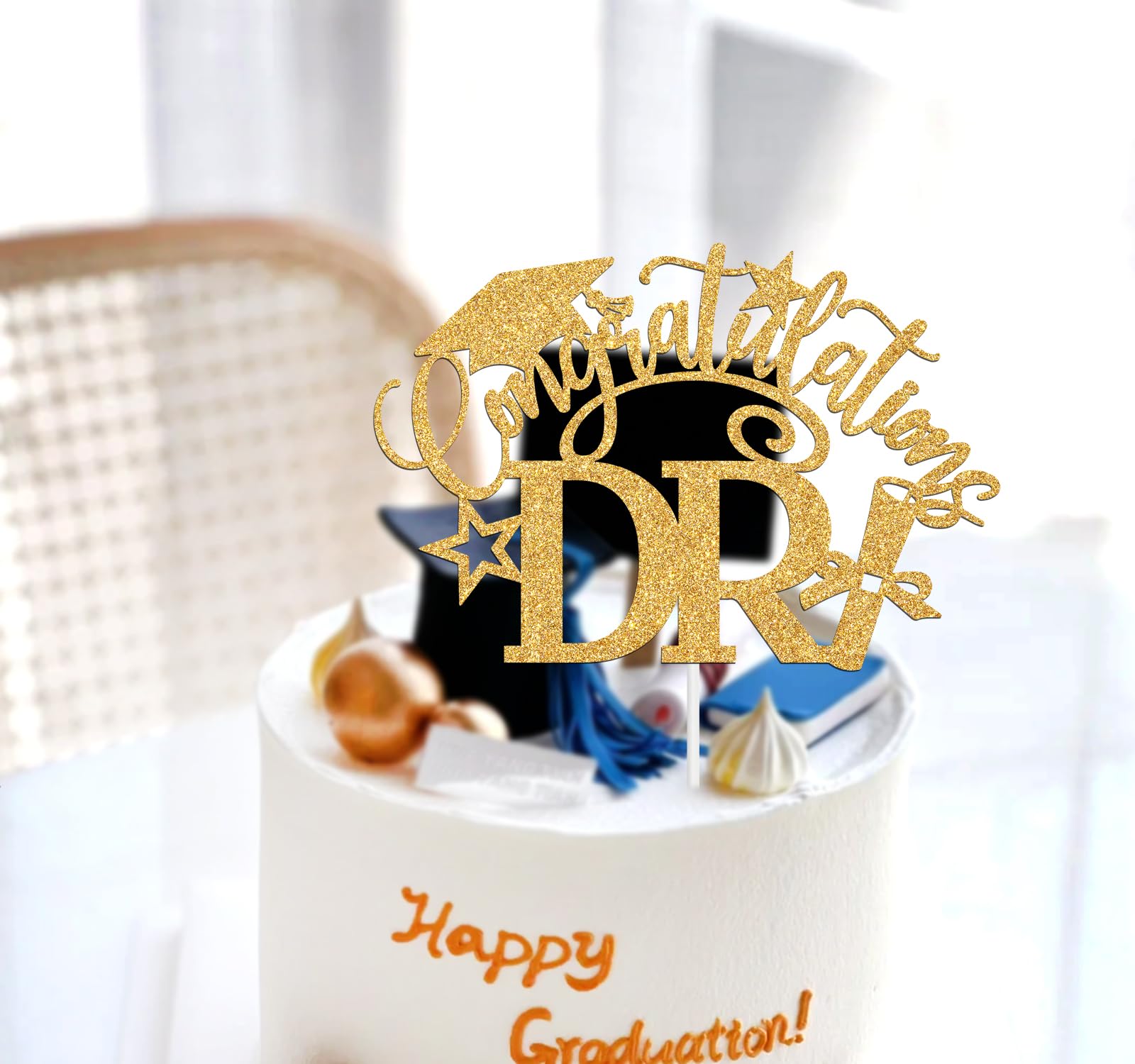 Congratulations DR Cake Topper, Congrats Grad/Doctoral Degree Cake Decor, Class of 2024 Graduation Party Decorations Supplies, Gold Glitter