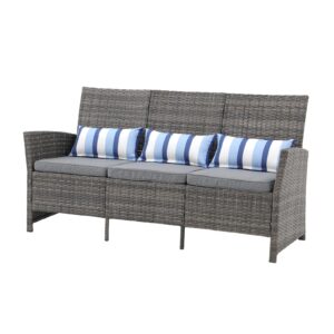 sunsitt outdoor furniture 3 seats patio couch, outdoor wicker sofa, grey pe wicker with grey cushions & lumbar pillows, porch, backyard, pool, steel frame