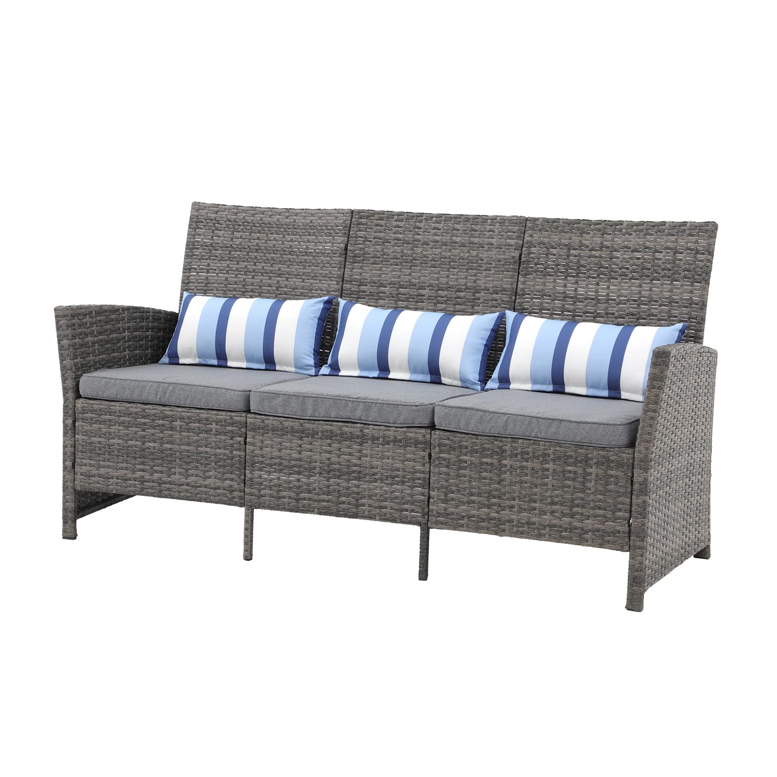 SUNSITT Outdoor Furniture 3 Seats Patio Couch, Outdoor Wicker Sofa, Grey PE Wicker with Grey Cushions & Lumbar Pillows, Porch, Backyard, Pool, Steel Frame