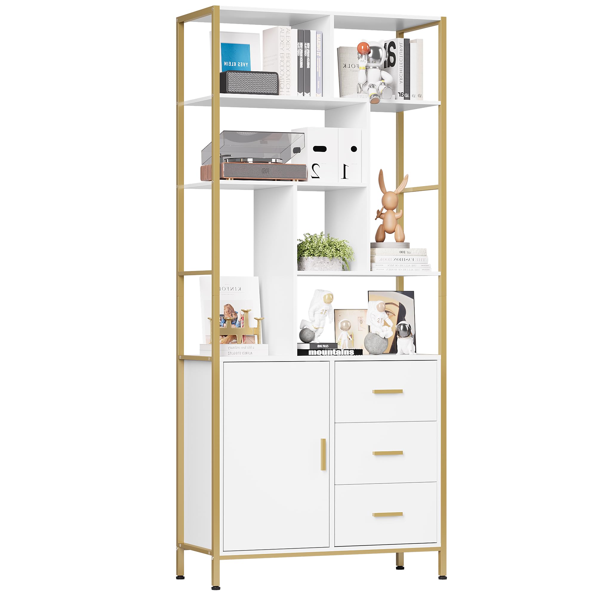 BOTLOG 71.2 Inch Tall Bookshelf, Bookcase with Door and 3 Drawers, Floor Standing Display Storage Shelves for Home Office, Living Room