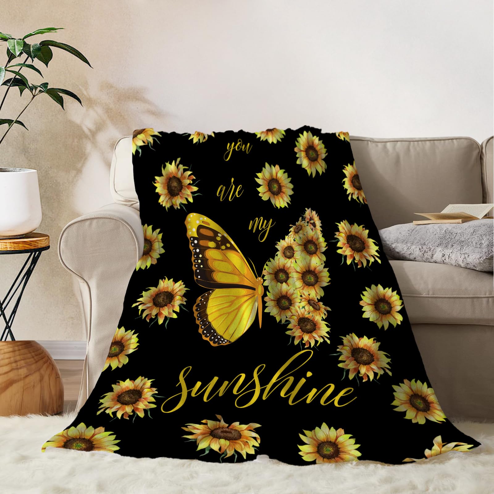 YeeJu Sunflower Kids Throw Blanket Small Yellow Floral Butterfly Blanket Gift for Girls Boys Child Baby Soft Fuzzy Fleece Blankets Black Spring Summer Flower Decorative Print Blanket 40x50