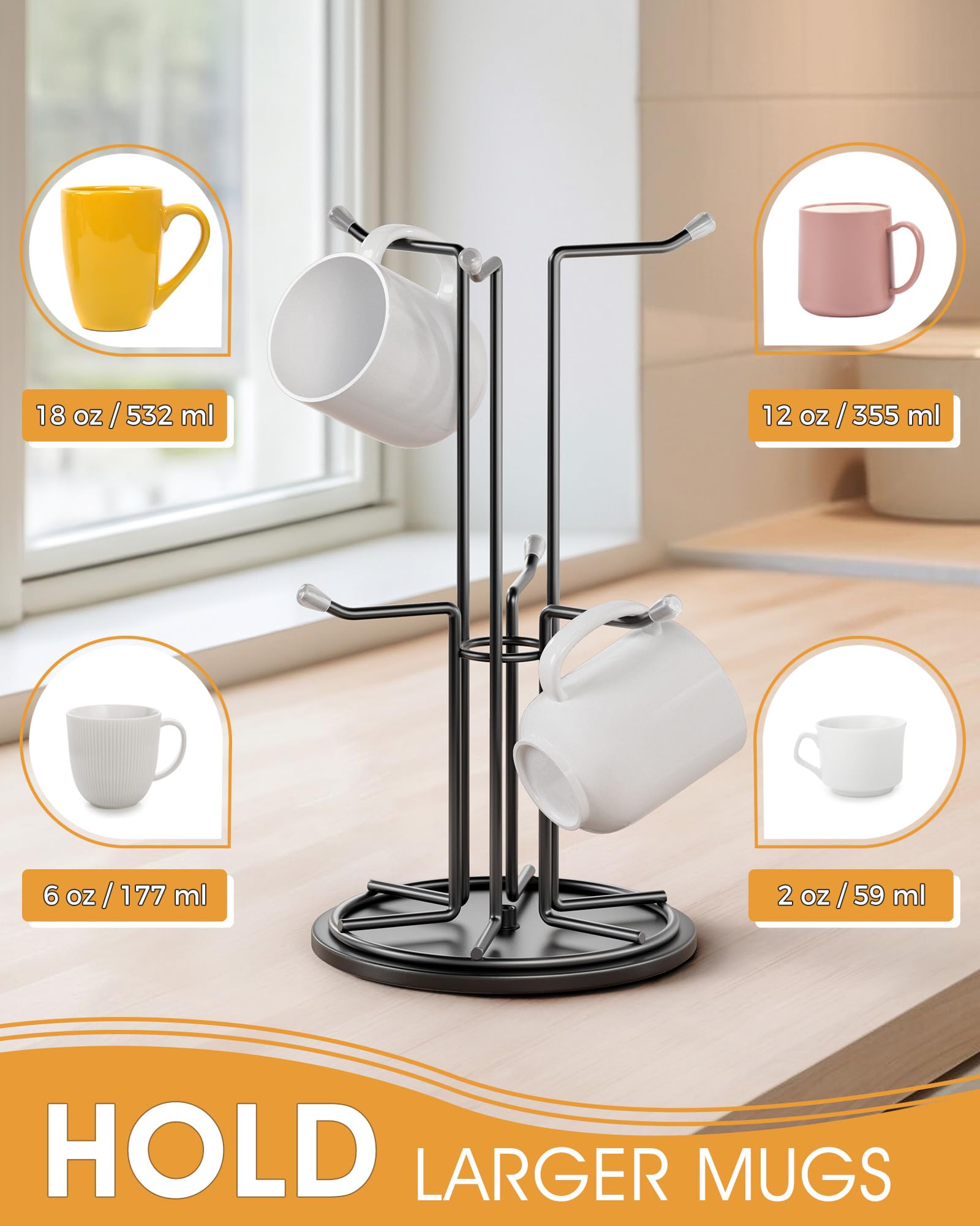 Bulado Mug Tree for Large Mugs, 360° Rotated Coffee Mug Holder, Metal Mug Tree for Counter Large Mugs 6, Coffee Cup Holder for Countertop for Easy Grab and Drop, Mug Stand for Coffee Bar Kitchen