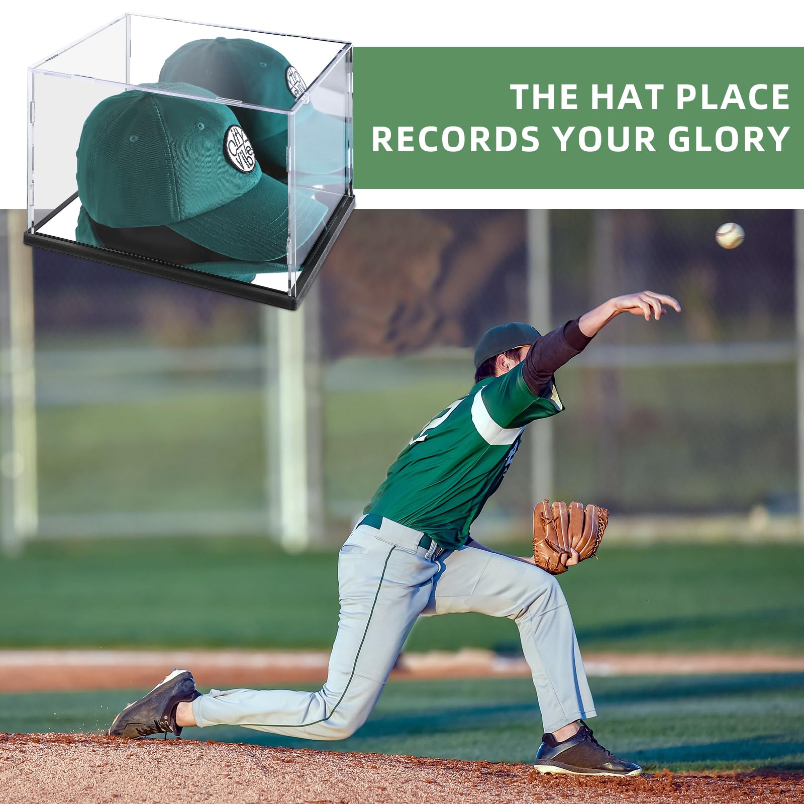 Clear Hat Display Case with Mirror Background,Acrylic Baseball Cap Holder Stand Transparent Hat Storage Box Dustproof Square UV Protection Cabinet with Mirror Base(10.2x8.2x7 inch)