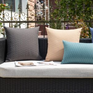 Kevin Textile Outdoor Waterproof Throw Pillow Covers Pack of 2 Weaving Texture Water Resistant Outside Decorative Cushion Covers for Garden Patio Tent Balcony Bench Couch Sofa 18x18 Inch, Light Brown