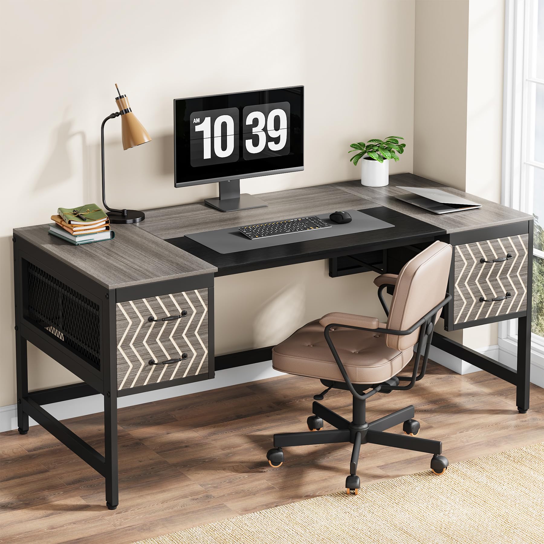 Tribesigns Home Office Desk with Drawers: 63" Computer Executive Desk with 4 Storage Drawers, Wood Farmhouse Study Writing Table, Herringbone Business Furniture for Home Office