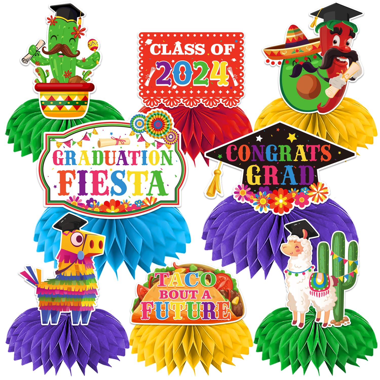 8 Pcs Mexican Graduation Decorations Honeycomb Centerpieces, Fiesta Graduation Party Decorations 2024, Taco Graduation Party Decorations 2024 3d Double Side Honeycomb Decorations