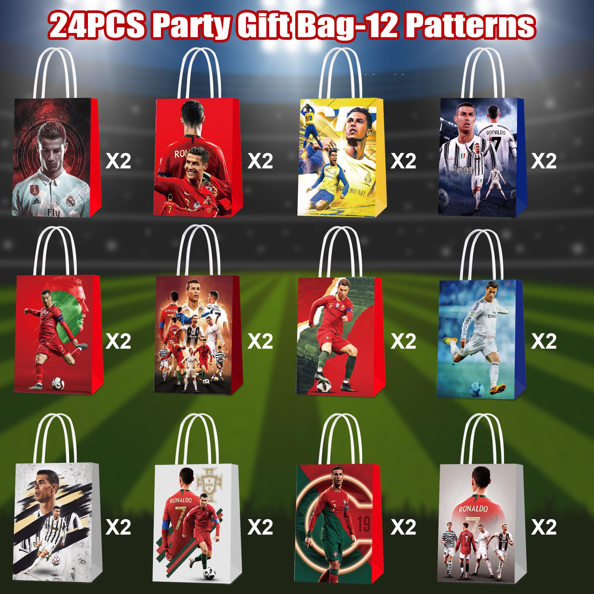 Mukity 24 Pcs Soccer Party Gift Bags - Soccer Party Supplies Candy Bags, Tote Bags, Gift Bags for Kids - Paper Favor Packs for Adults Birthday Party Decor - 12 Patterns