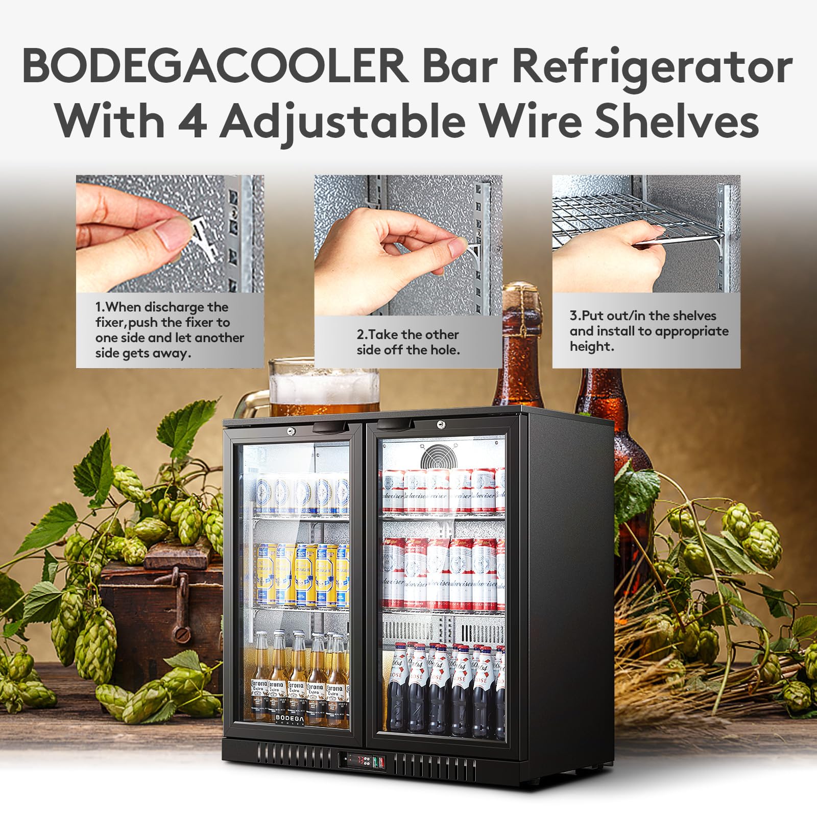 BODEGACOOLER Back Bar Cooler With 2 Glass Doors,Under Counter Back Bar Refrigerator 7.4 Cu.Ft with LED Lighting,Commercial Display Beverage Cooler for Beer,Soda Drinks,Wine