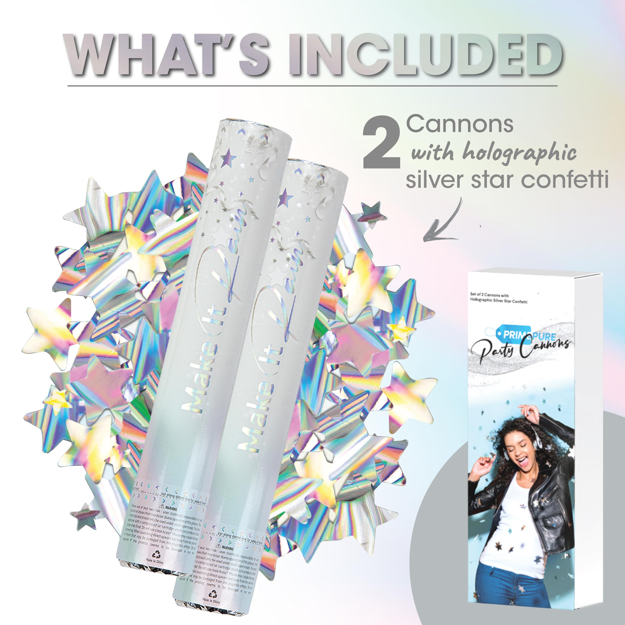 2 Pack Silver Stars Confetti Cannon Confetti Poppers | New Years Eve Party Supplies 2025 Party Poppers | Confetti Shooter for Decoration, Celebration, Birthday, Prank | Blaster Gun Glitters Tube Large