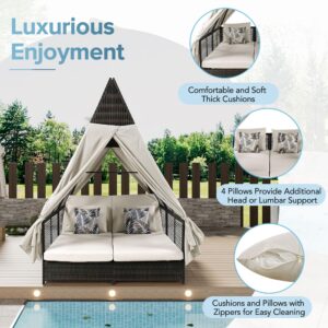 Merax Outdoor Daybed Patio Lounge Bed with Adjustable Backrest Outdoor Double Sun Lounger with Curtains, 2 Pillows for Garden Patio Poolside Balcony Beach