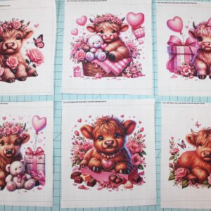 6 Piece 5"x5" Pink Valentine Baby Highland Cows 100% Cotton Fabric Panel Squares - Quilting Panel Blocks