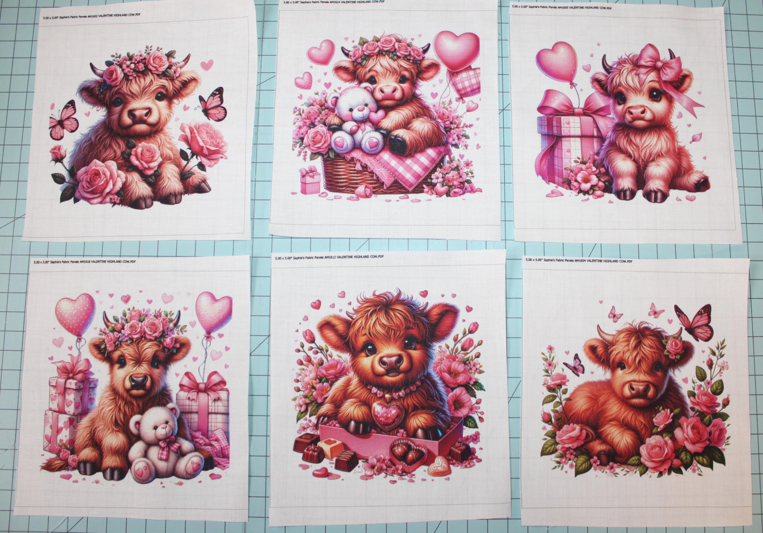 6 Piece 5"x5" Pink Valentine Baby Highland Cows 100% Cotton Fabric Panel Squares - Quilting Panel Blocks