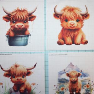 6 Piece 6"x6" Cute Baby Highland Cows 100% Cotton Fabric Panel Squares - Quilting Panel Blocks