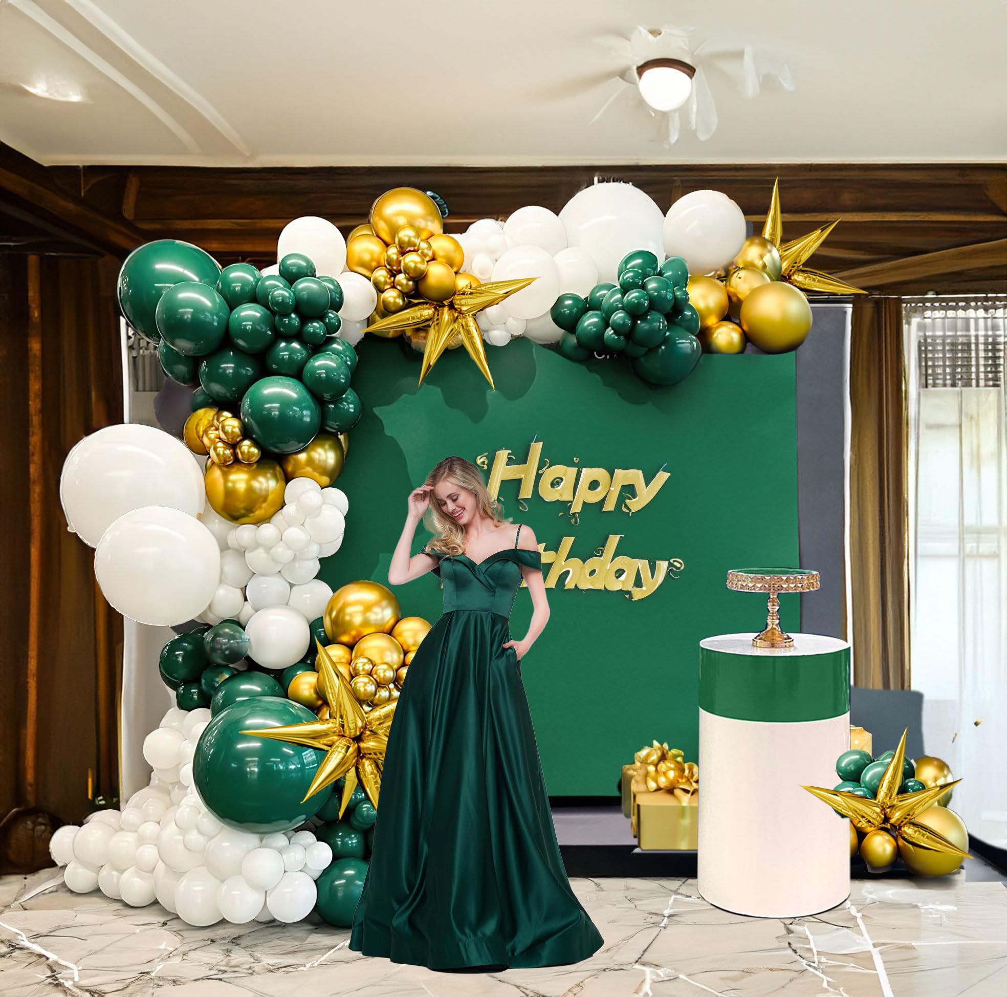 Hunter Green and Gold Balloon Garland Arch Kit 129PCS dark emerald green white with mylar star balloons for Wild One Birthday Party Baby Shower Jungle Party Supplies Decorations