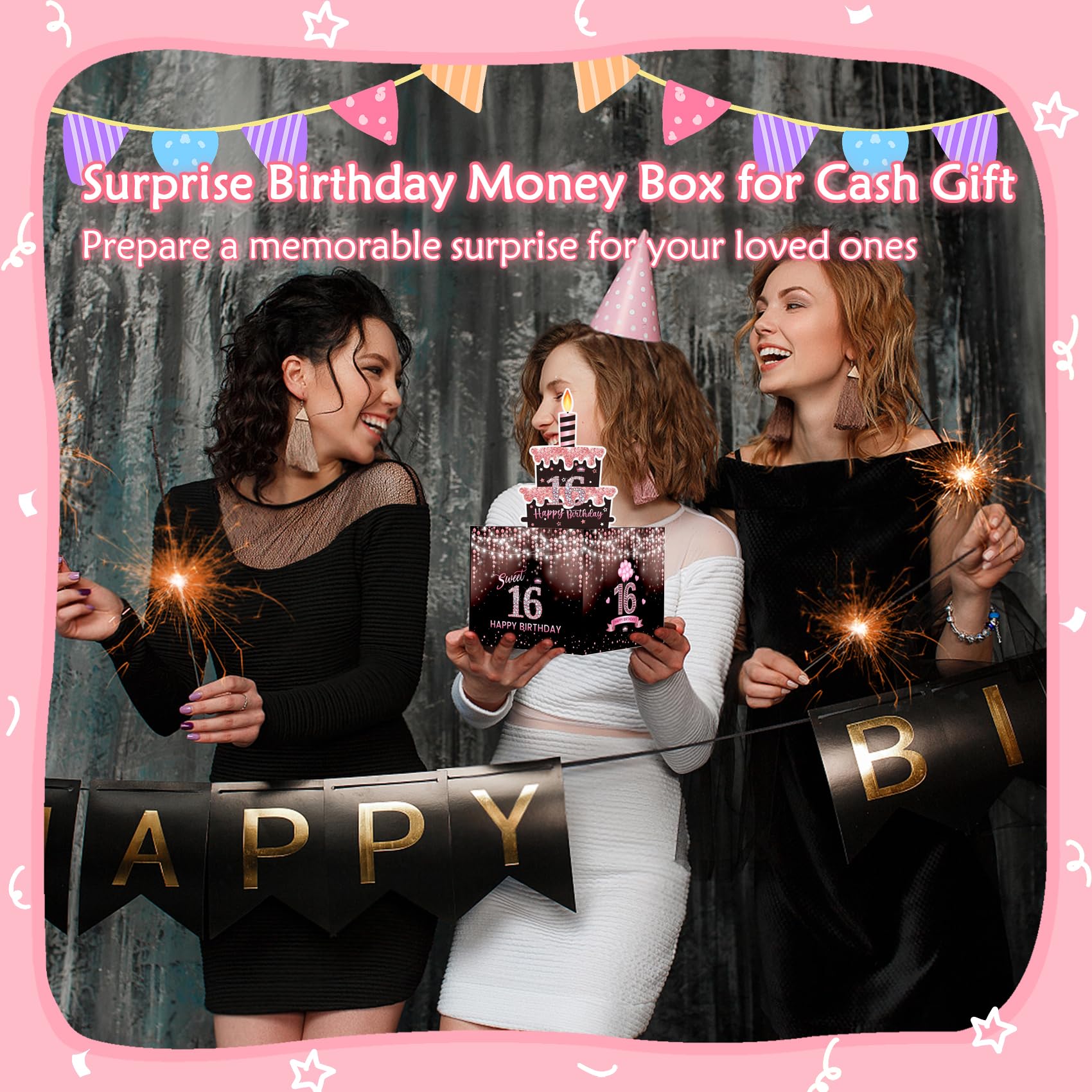 Meiidoshine Sweet 16th Birthday Money Box for Cash Gift, Surprise Pull Out Money Gift Box with 100Pcs Transparent Bags - Fun Ways to Give Cash as A 16th Birthday Gift for Girls