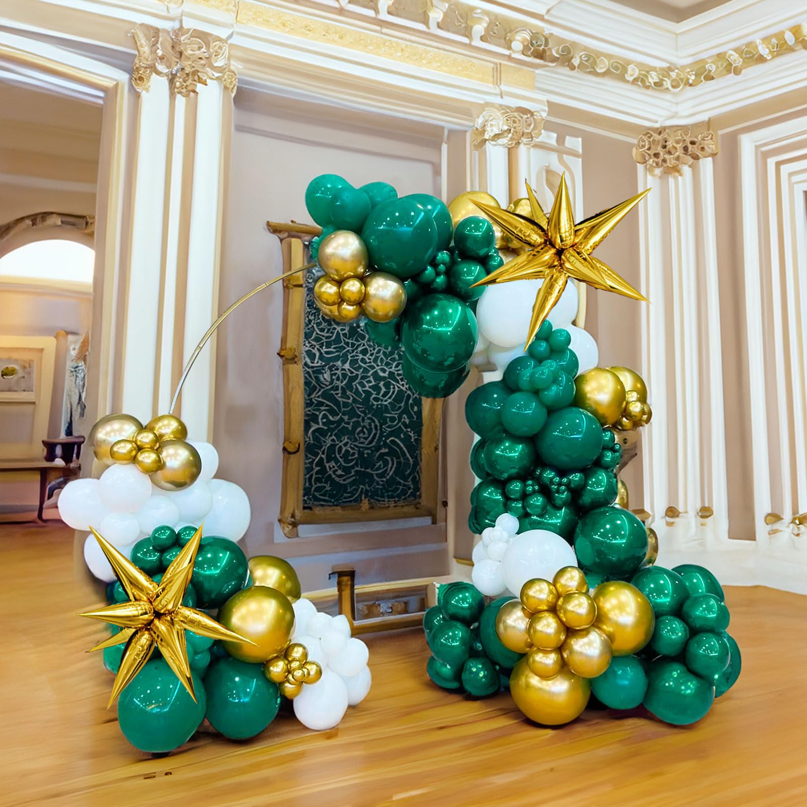 Hunter Green and Gold Balloon Garland Arch Kit 129PCS dark emerald green white with mylar star balloons for Wild One Birthday Party Baby Shower Jungle Party Supplies Decorations