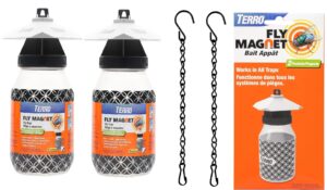 2 pack of terro fly magnet, reusable fly trap - includes two fly magnet devices with 2 bait traps, 1 pack of refill with 2 baits, and two heavy duty 9.5 in supply hanging chain