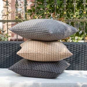 Kevin Textile Outdoor Waterproof Throw Pillow Covers Pack of 2 Weaving Texture Water Resistant Outside Decorative Cushion Covers for Garden Patio Tent Balcony Bench Couch Sofa 18x18 Inch, Light Brown