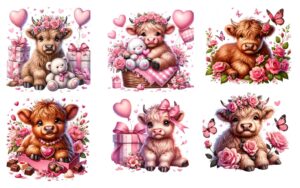 6 piece 5"x5" pink valentine baby highland cows 100% cotton fabric panel squares - quilting panel blocks