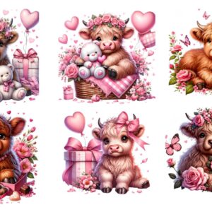 6 Piece 5"x5" Pink Valentine Baby Highland Cows 100% Cotton Fabric Panel Squares - Quilting Panel Blocks