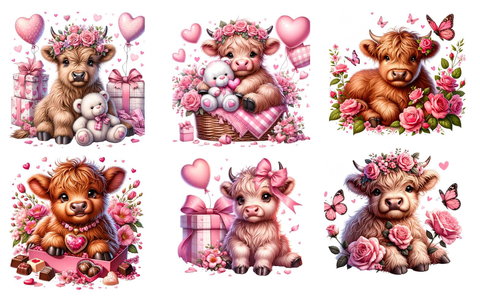 6 Piece 5"x5" Pink Valentine Baby Highland Cows 100% Cotton Fabric Panel Squares - Quilting Panel Blocks