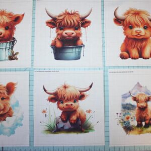 6 Piece 8"x8" Cute Baby Highland Cows 100% Cotton Fabric Panel Squares - Quilting Panel Blocks