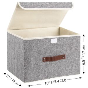 Calonge Storage Bin with Lid Storage Boxes with PU Leather Handles Decorative Foldable Lidded Cotton Linen Fabric Home Container with Flip-Top Lid & Handles, Clothes Blanket Box