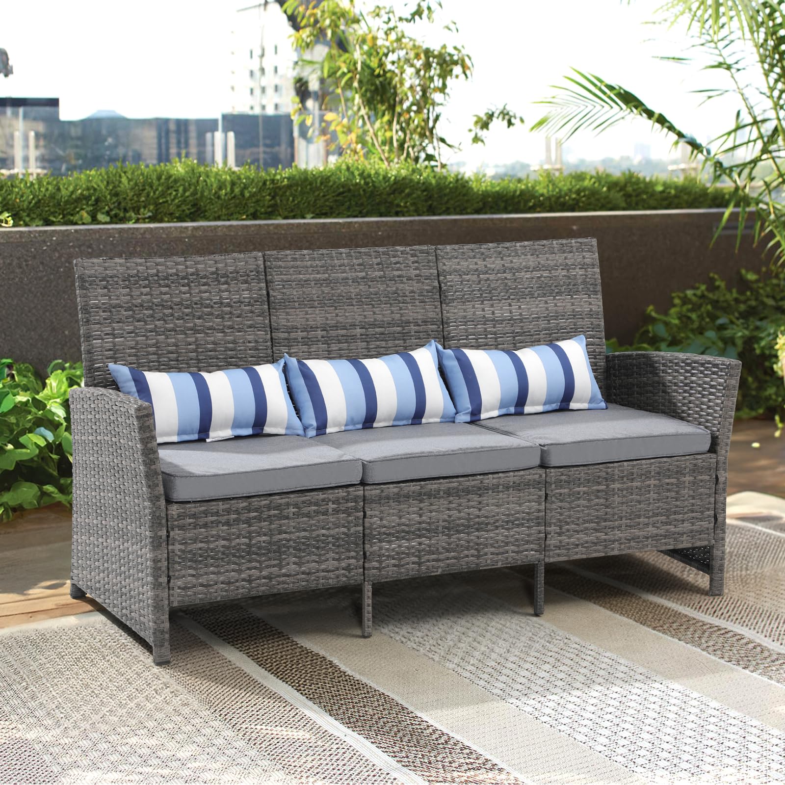 SUNSITT Outdoor Furniture 3 Seats Patio Couch, Outdoor Wicker Sofa, Grey PE Wicker with Grey Cushions & Lumbar Pillows, Porch, Backyard, Pool, Steel Frame