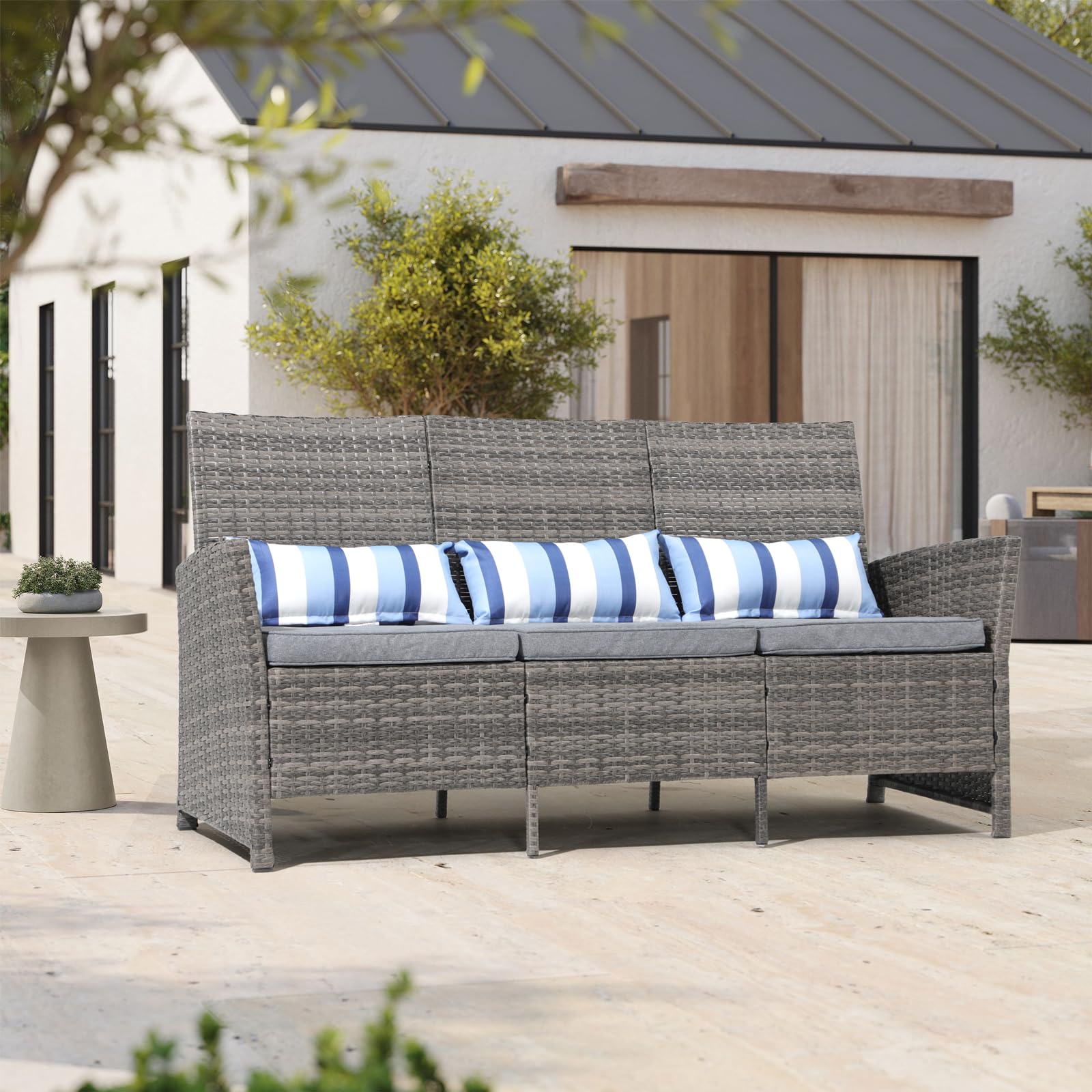 SUNSITT Outdoor Furniture 3 Seats Patio Couch, Outdoor Wicker Sofa, Grey PE Wicker with Grey Cushions & Lumbar Pillows, Porch, Backyard, Pool, Steel Frame